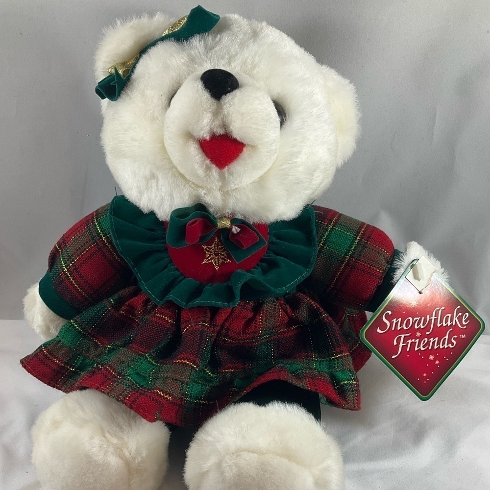 Vintage Christmas Teddy Bear White Red Green Gold plaid Dress Snowflake Friends